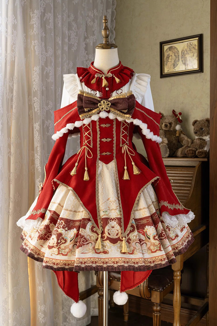 New Year Red Print Ruffle Bowknot Lace-Up Sweet Chinese Style JSK Dress
