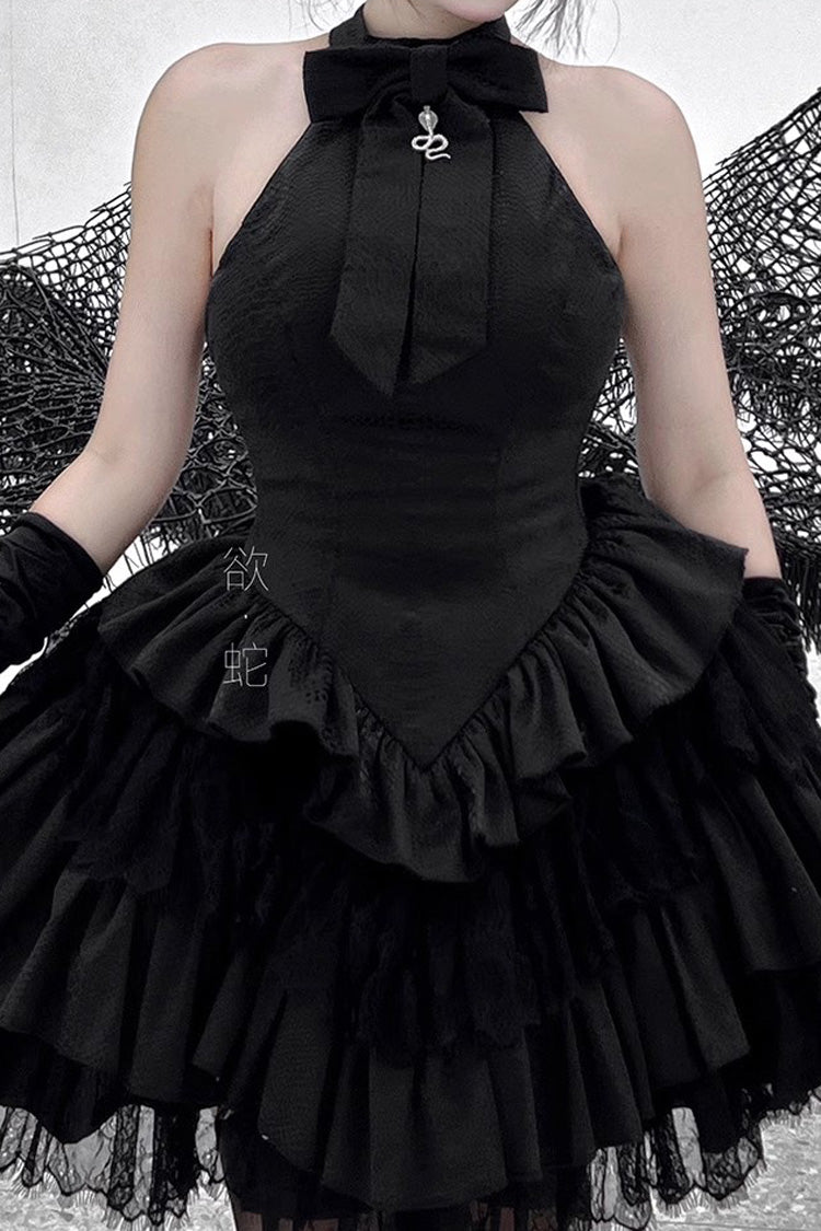 Gothic Lolita Snake Halterneck Dress with Multi-Layer Ruffles