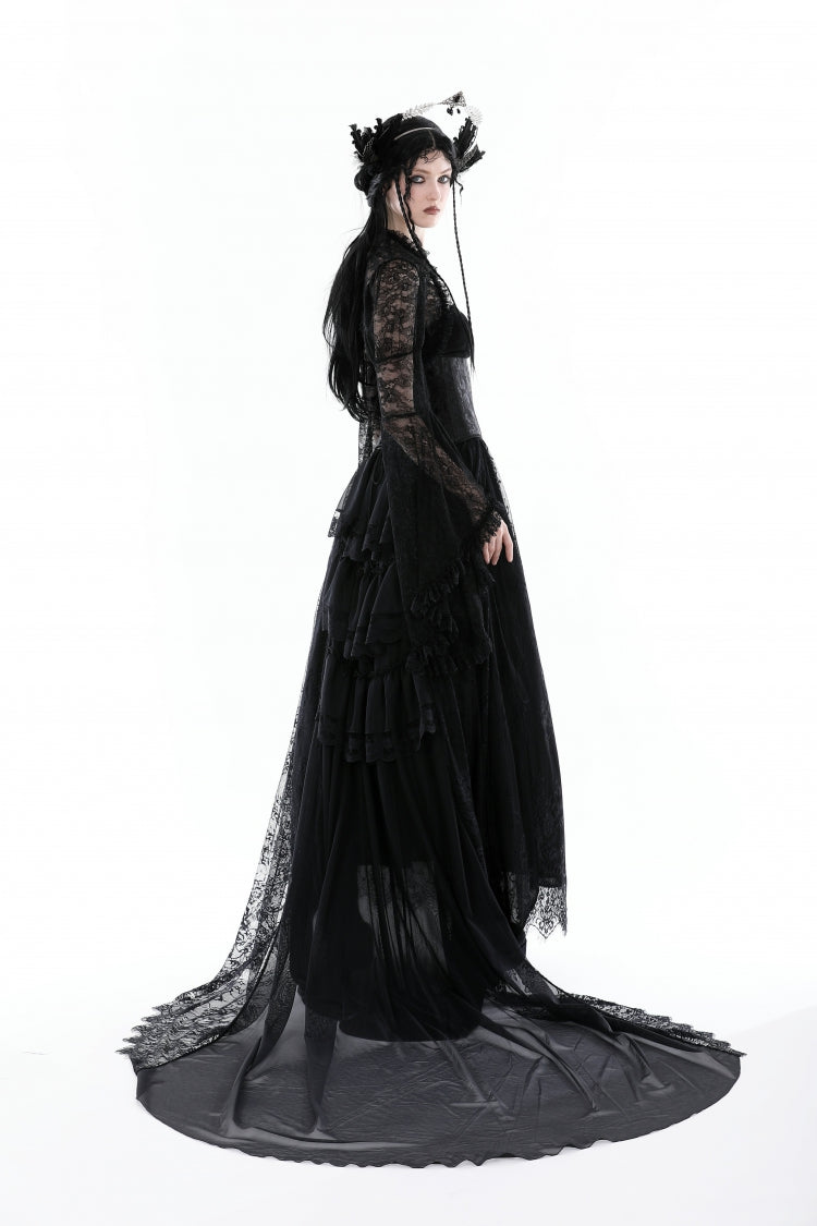 Jet-Black Gothic Cape with Flared Sleeves and Ruffled Lace