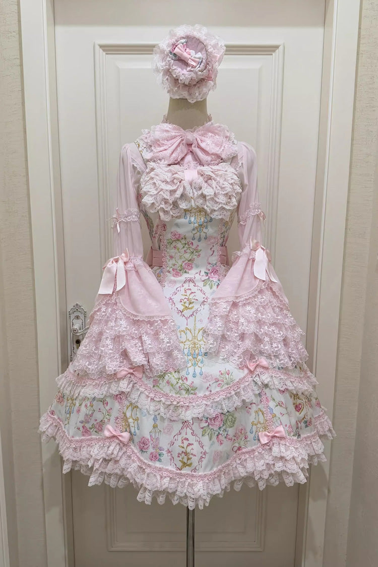 Ivory & Pink Sleeveless Floral Wall Print Lace Bow Sweet Lolita JSK Dress