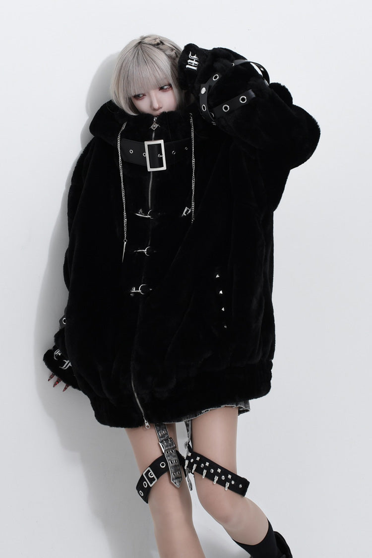 Hooded Punk Jirai Coat with Cross Leather Buckles in Two Tones