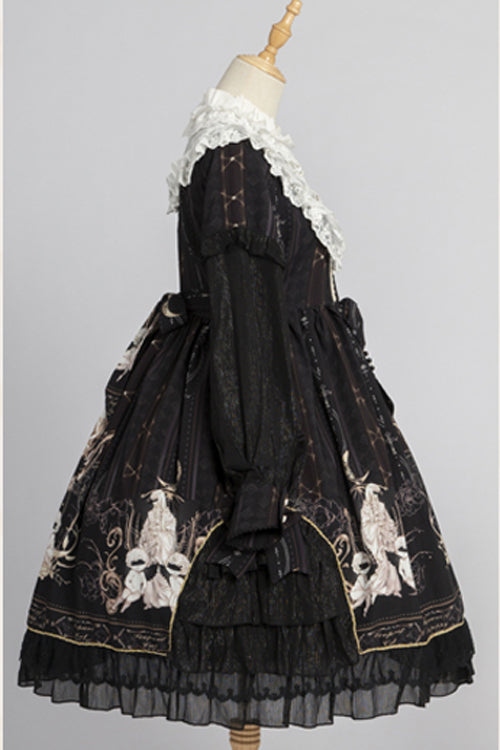 Classic Lolita OP Dress - Ruffled Collar, Long Sleeve, Print