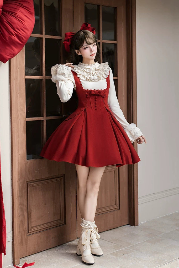Classic Elegant Lolita Bandeau Dress with Embroidered Bow - Red