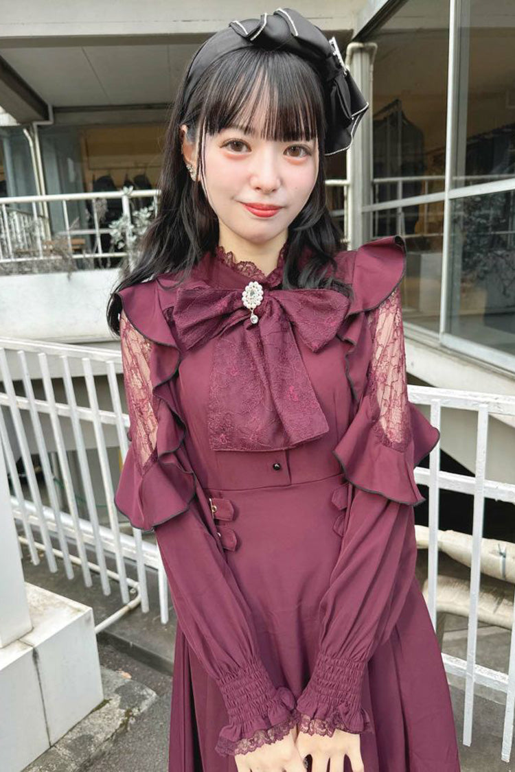 Jirai Kei Off Shoulder Dress - Stand Collar, Hollow Bow