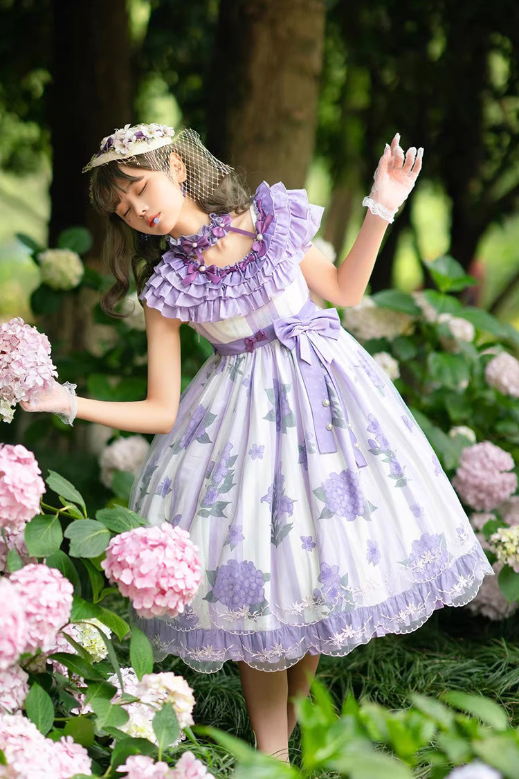 Endless Summer Violet Round Collar Hime Sleeves Printed Ruffled Bow Lace Lolita Dress - Endless Summer