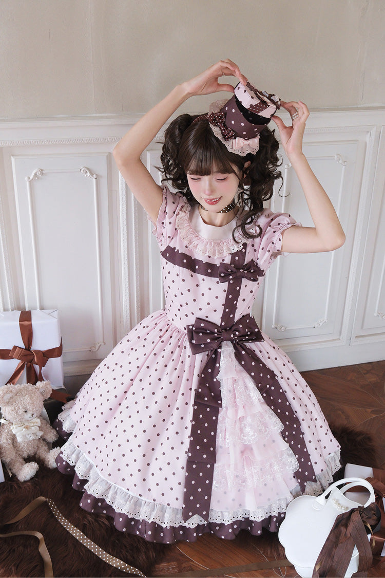Canelé Gift Box Round Collar Short Sleeves Double-Layered Printed Polka Dot Ruffled Open-Front Bow Asymmetric Sweet Lolita Dress - Pink