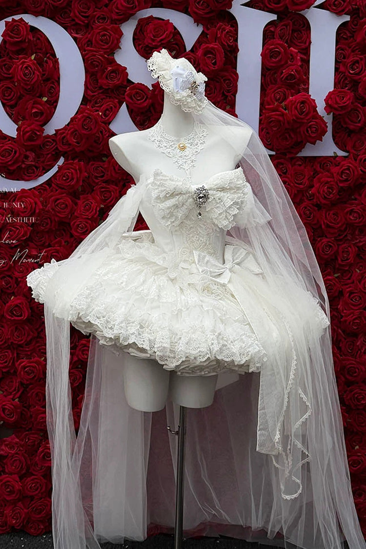 Ivory Sleeveless Layered Lace JSK Dress with Bow Details - White Feather Promise