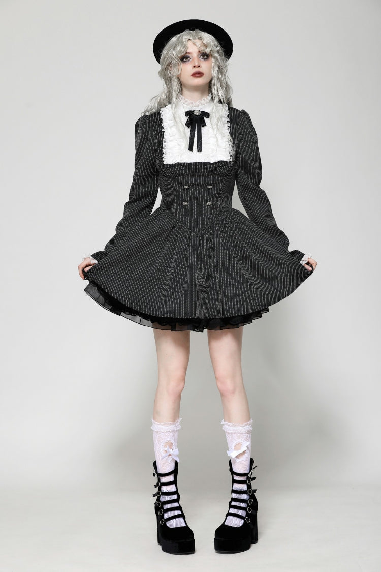 Black/White Striped Lace-Up Gothic Dress with Bow
