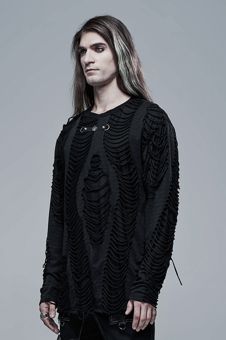 Jet Crewneck Long-Sleeve Double-Layer Distressed Gothic Blouse for Men