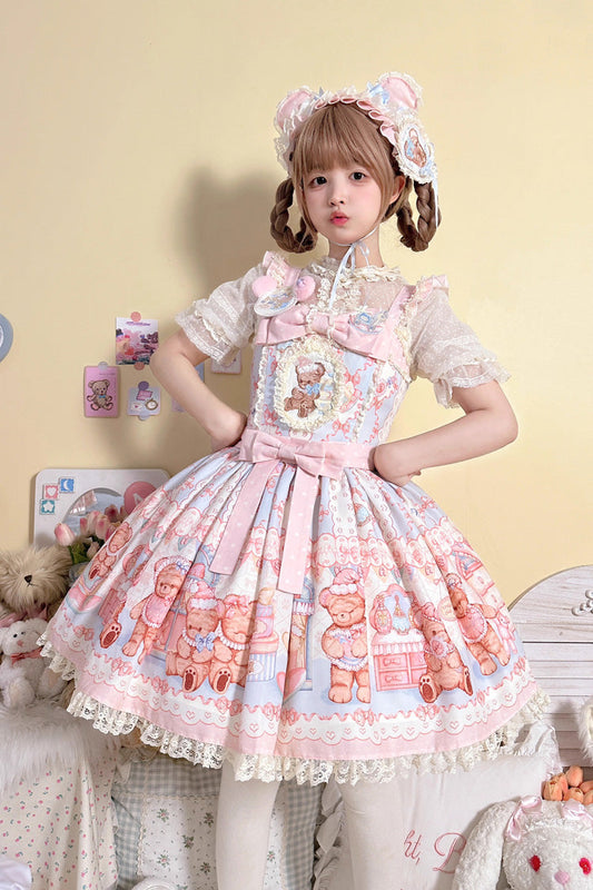 Bear Anniversary Celebration Sleeveless Printed Ruffled Bow Sweet Lolita Tank Dress Two Colors