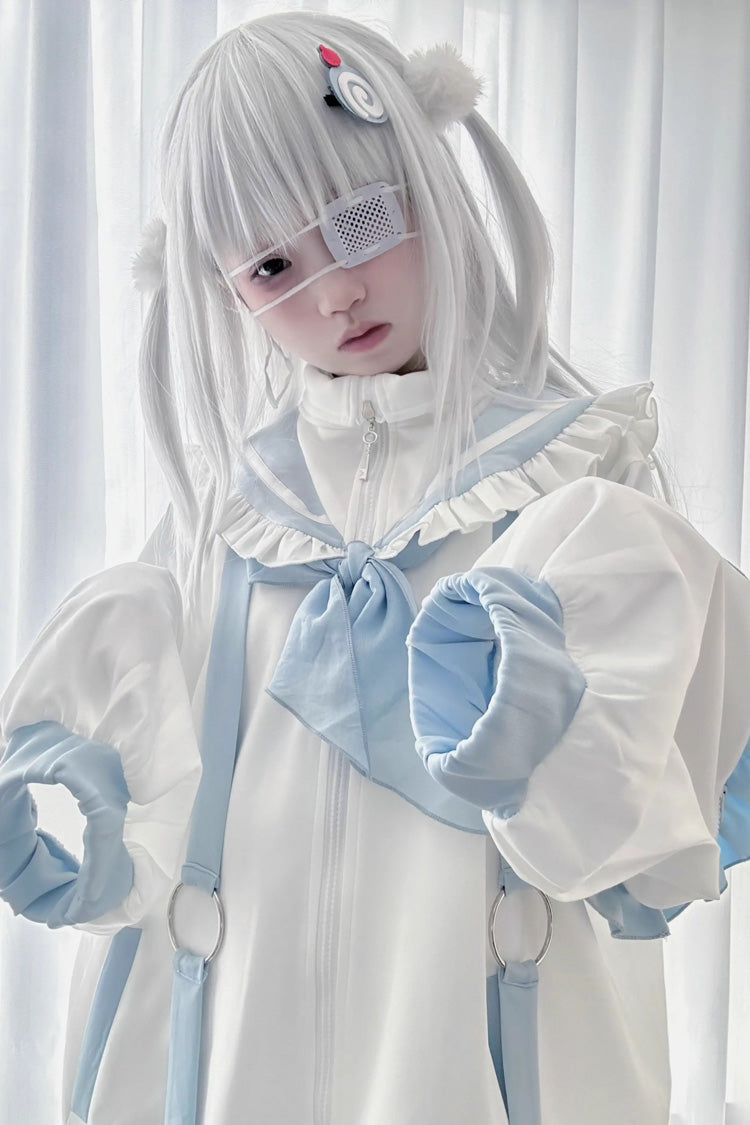 Angelic Letter Print Long Sleeve Coat in White/Blue