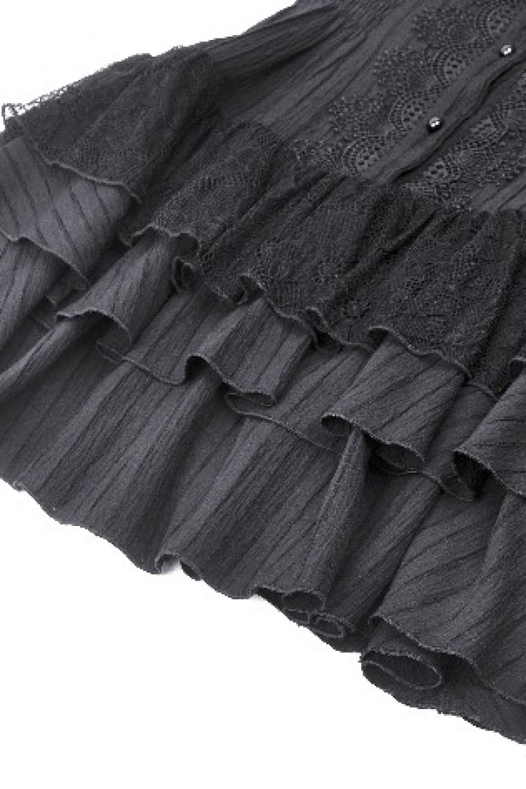 Gothic Sleeveless Black Lace Bow-Accented High-Neck Triple-Tiered Hem Long Dress