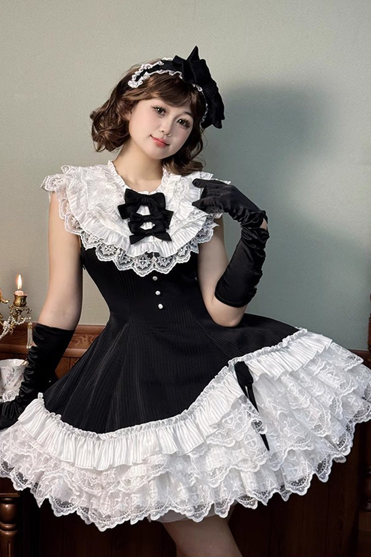 Black/White Asymmetric Lace Bow Sleeveless Multi-Layer Ruffle Sweet Lolita Dress - Miss Tsundere