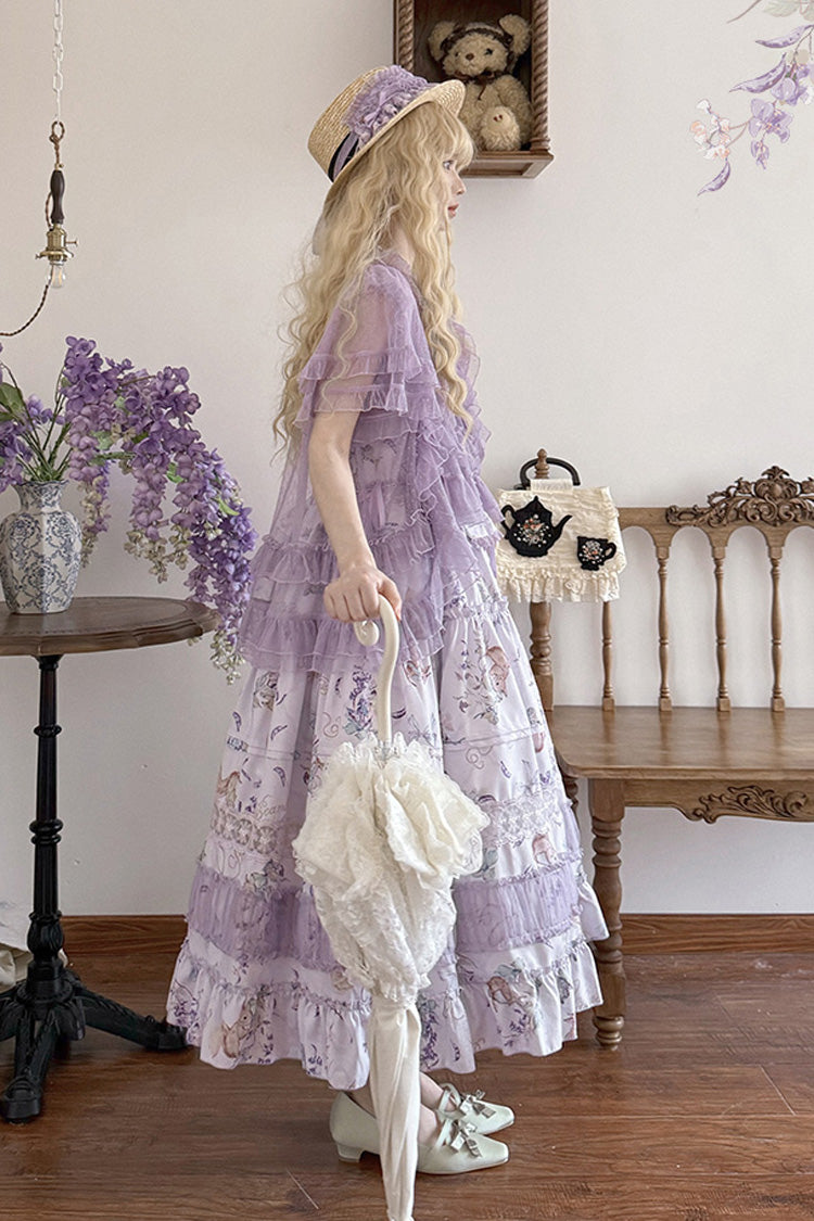 Violet Pea Squirrel Sleeveless Pastoral Print Ruffled Embroidered Lace JSK