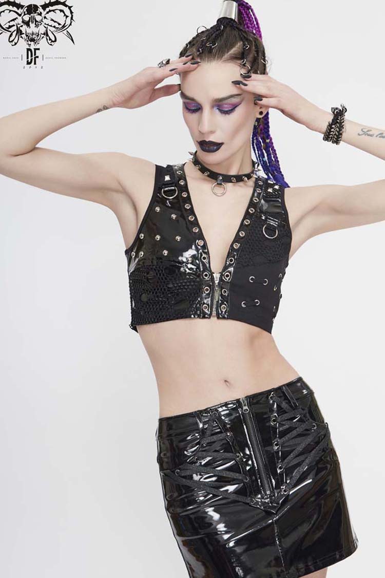 Punk Waistcoat with Leather and Mesh Asymmetrical Design