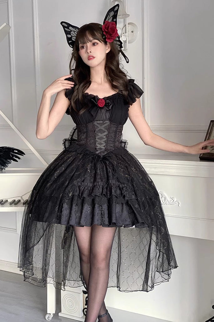 Black Short Sleeved Ruffled Rose Gothic Tiered Dress with Bow