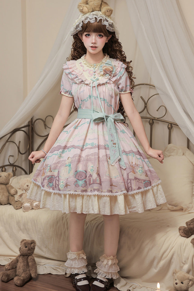 Brown Dollhouse Short Sleeves Bear Printed Ruffled Bow Sweet Lolita Dress Set - Pink