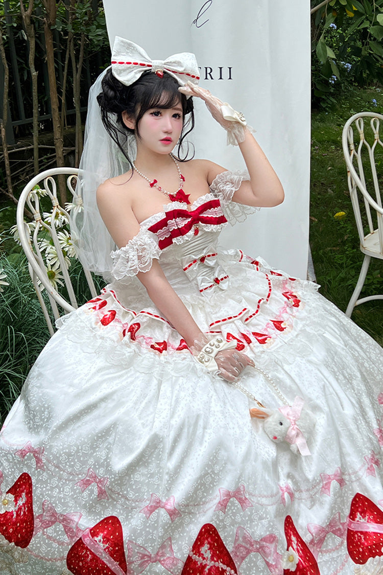 Ivory Off-Shoulder Strawberry Print Dress Set with Ruffles - True Love Strawberry