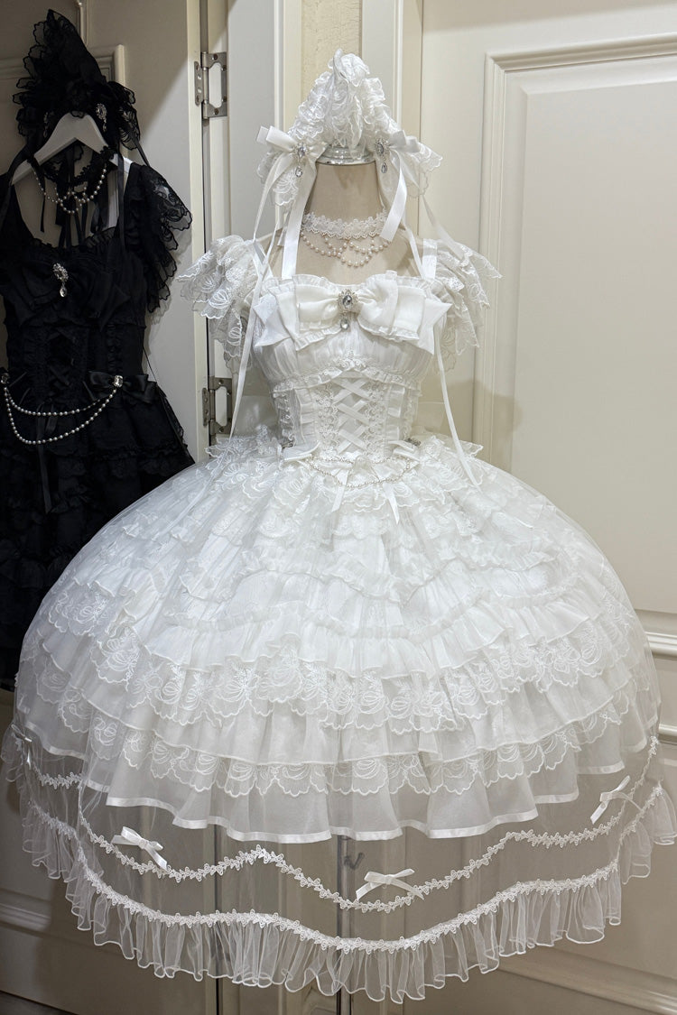 Ivory Sleeveless Multi Ruffle Bridal Bow Lace-Up JSK