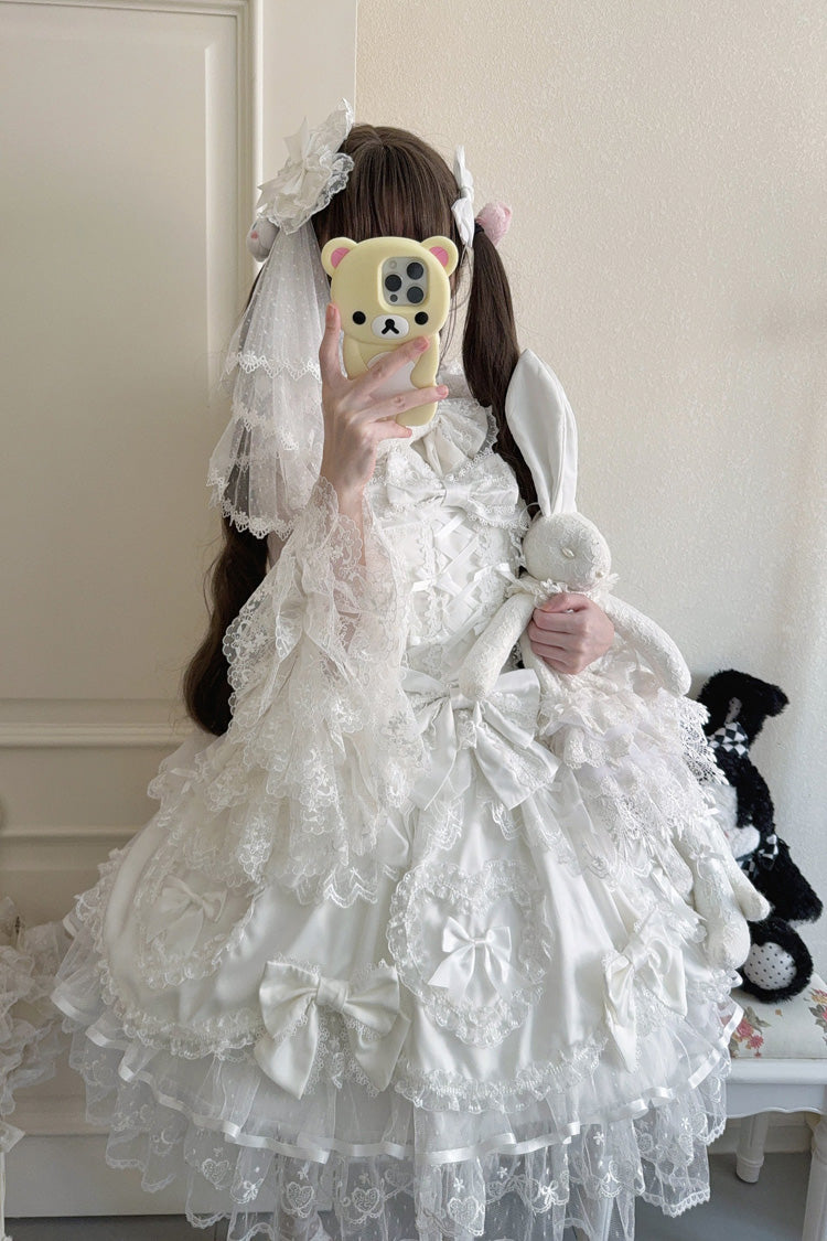 Ivory Sleeveless Embroidered Lace-Up JSK Dress - Sweetheart