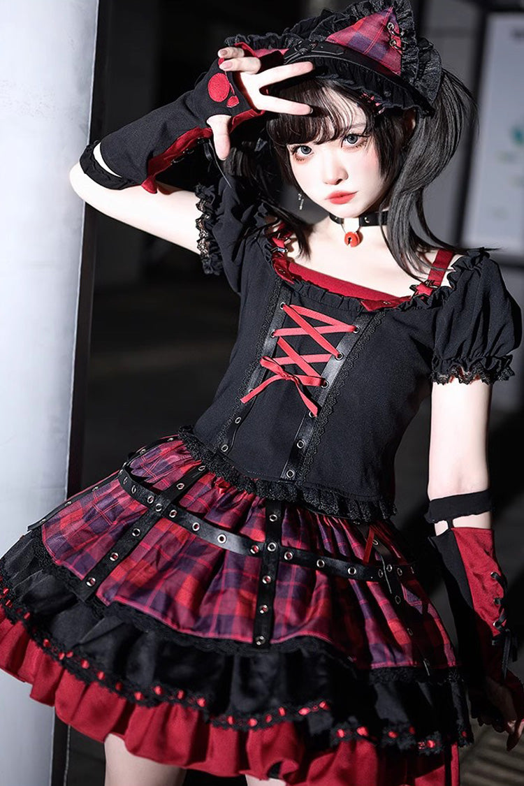Black Red Print Ruffle Lace Up Gothic Japanese Princess Skirt Set