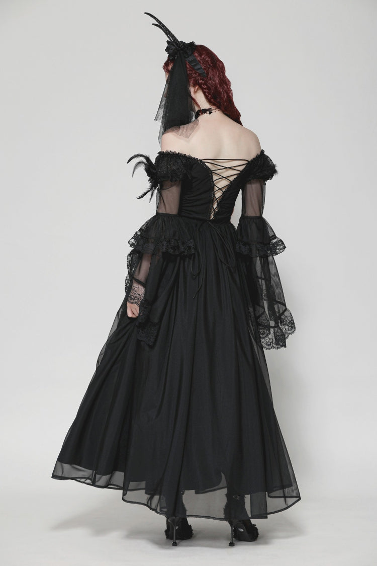 Elegant Gothic Off-Shoulder Tulle Gown with Lace Trim and Flared Sleeves