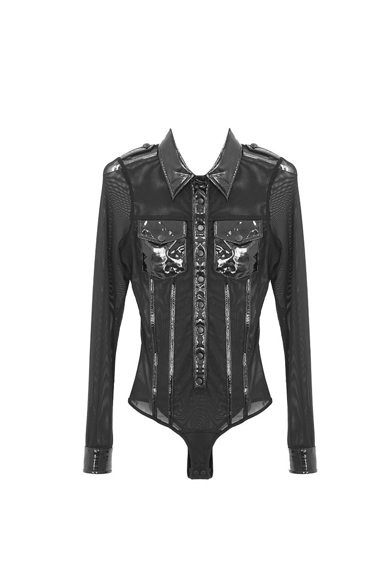 Vinyl Mesh Spliced Long Sleeve Punk Bodysuit Top
