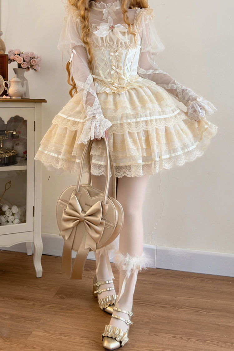Apricot Sweet Ballet Lolita Skirt Set with Double-Layer Bowknot Lace and Elegant Style