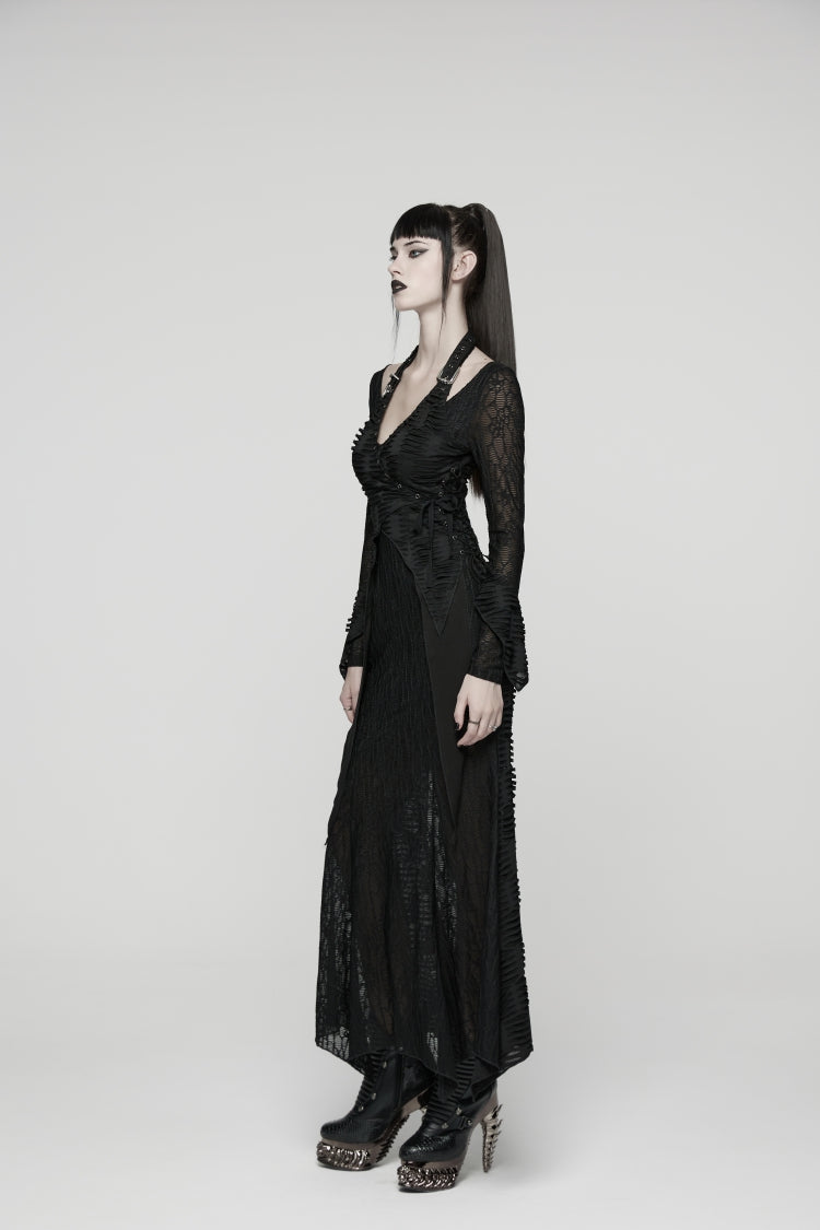 Off Shoulder Halterneck Long Trumpet Sleeves Lace Lace-Up Gothic Punk Dress