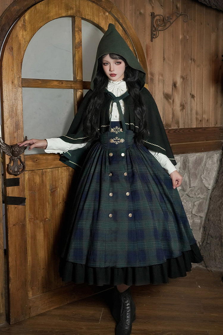 Blue Green Berlin Letter Double-Layered Plaid Print Ruffle Bowknot Classic College Style Lolita Strap Dress Set