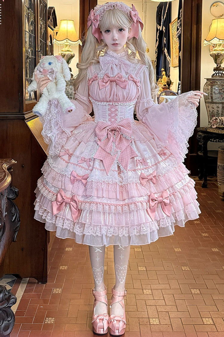 Pink Multi-Layered Ruffled Bow Lace Sweet Gorgeous JSK - Little Lovetine