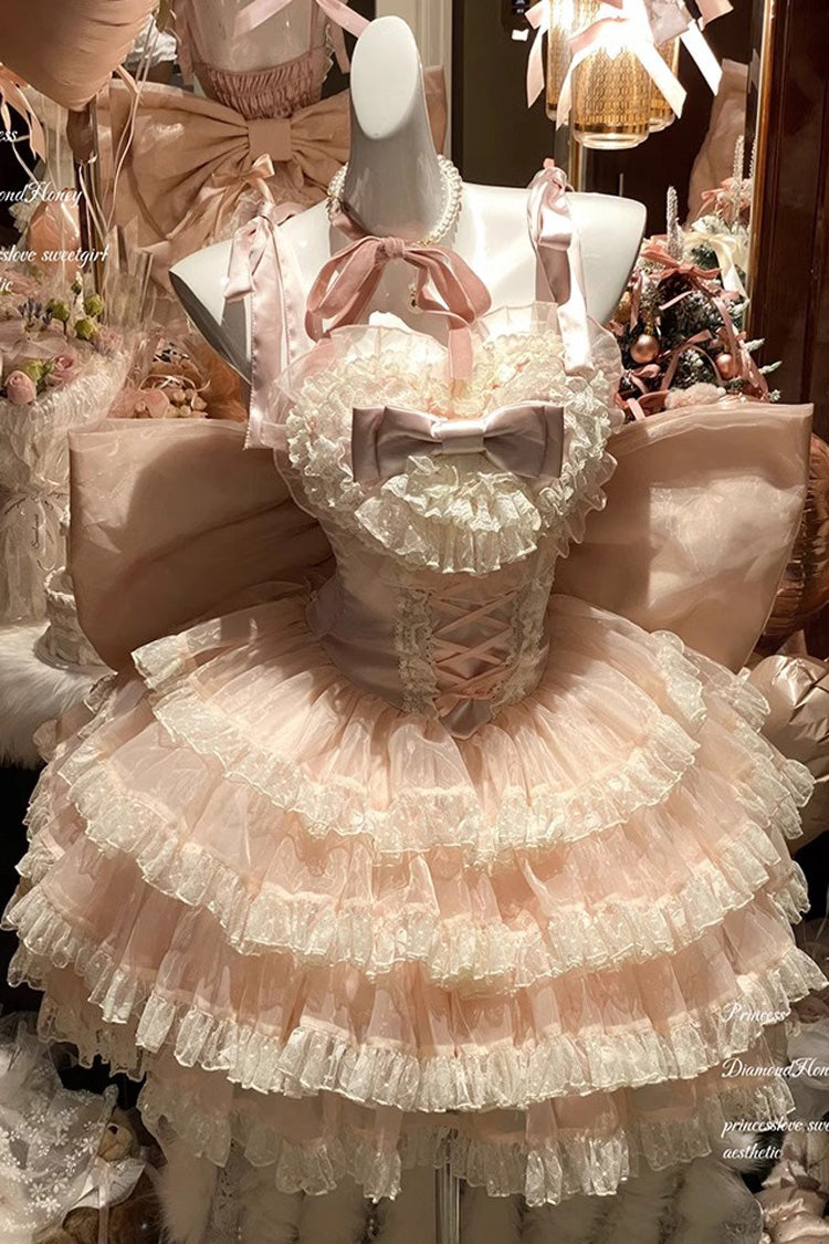 Pink Multi Layer Bow Lace Sweet Princess Jsk