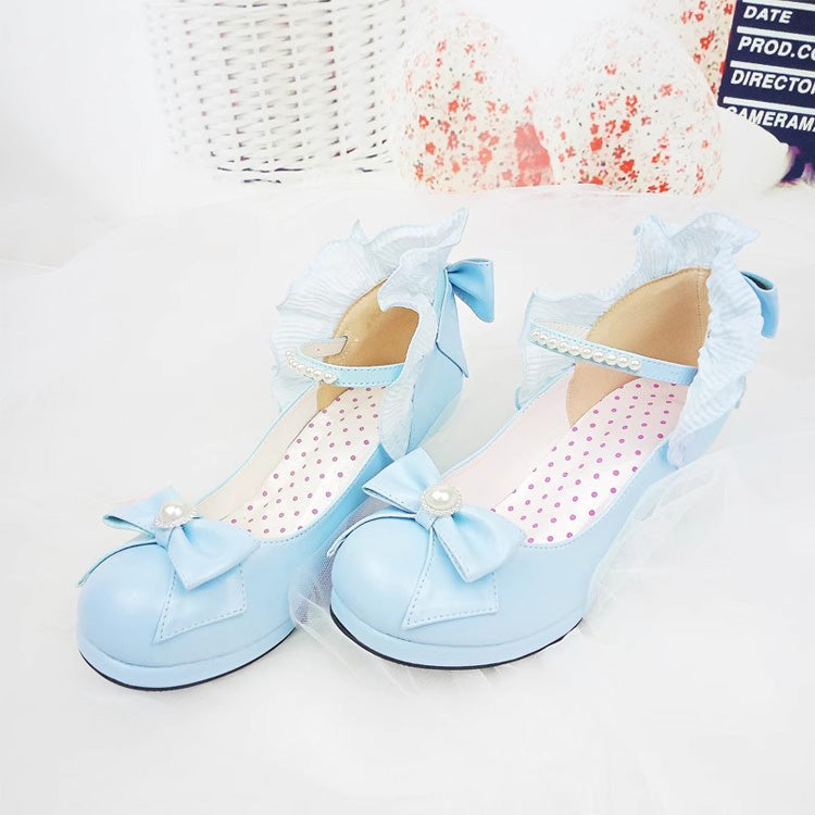 Ribbon-Strap Ruffle PU Girly Lolita Pumps - Multiple Shades