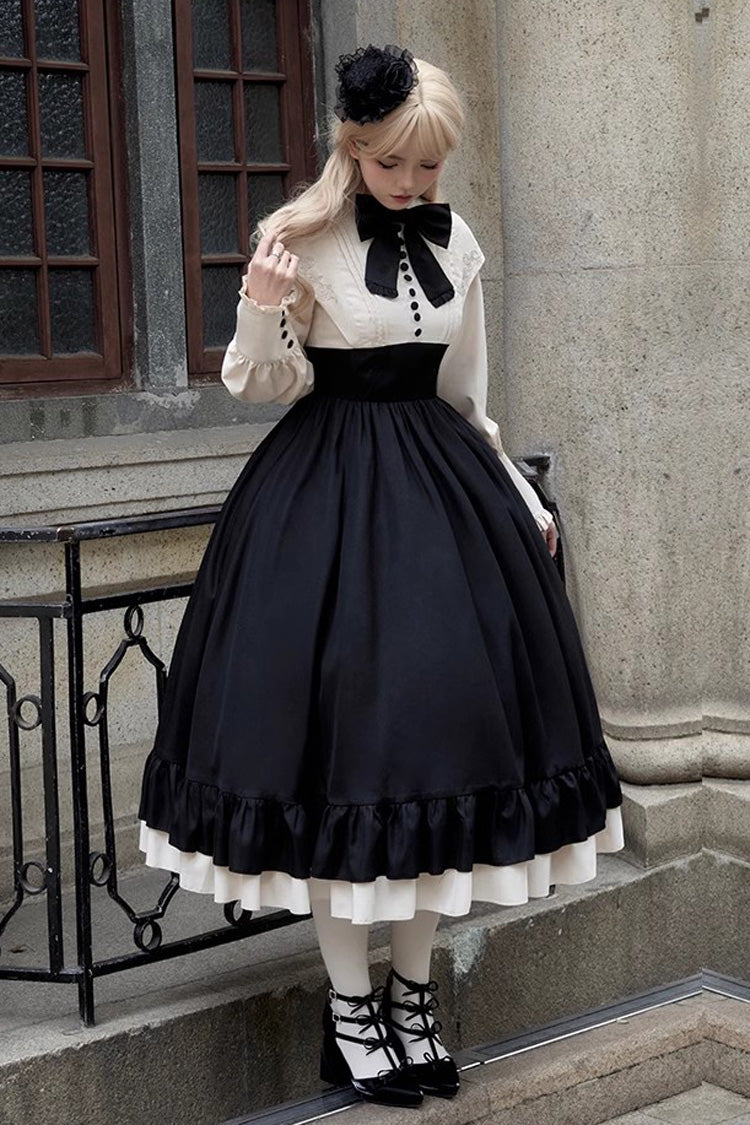 Elegant Rose-Embroidered Long-Sleeve Ruffle Bow Dress with Faux Two-Piece Style in 2 Shades