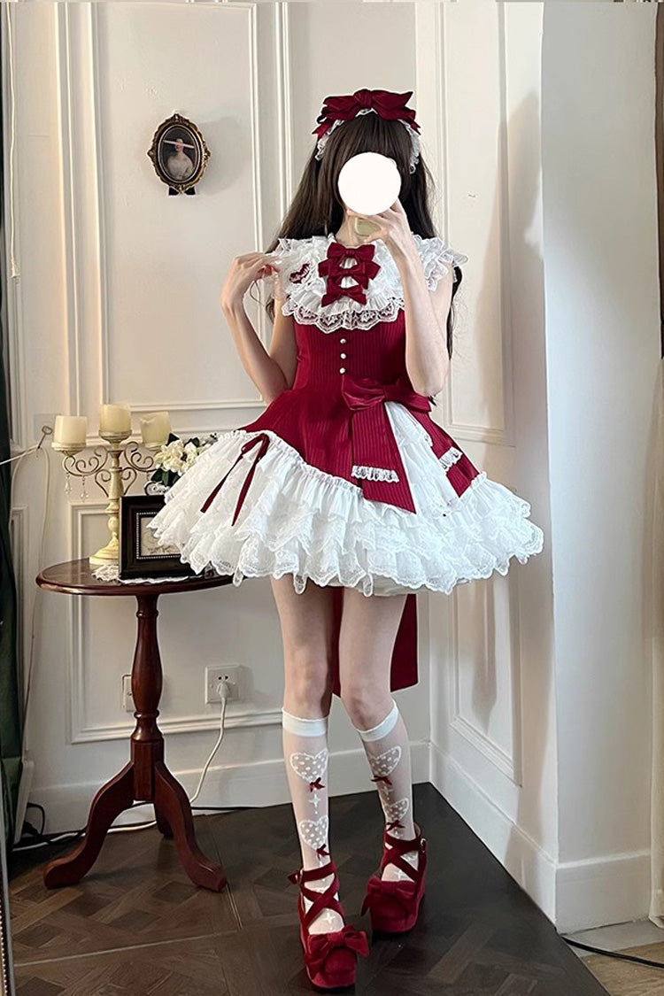 Red Asymmetric Lace Bow Sleeveless Multi-Layer Ruffle Sweet Lolita Dress - Miss Tsundere