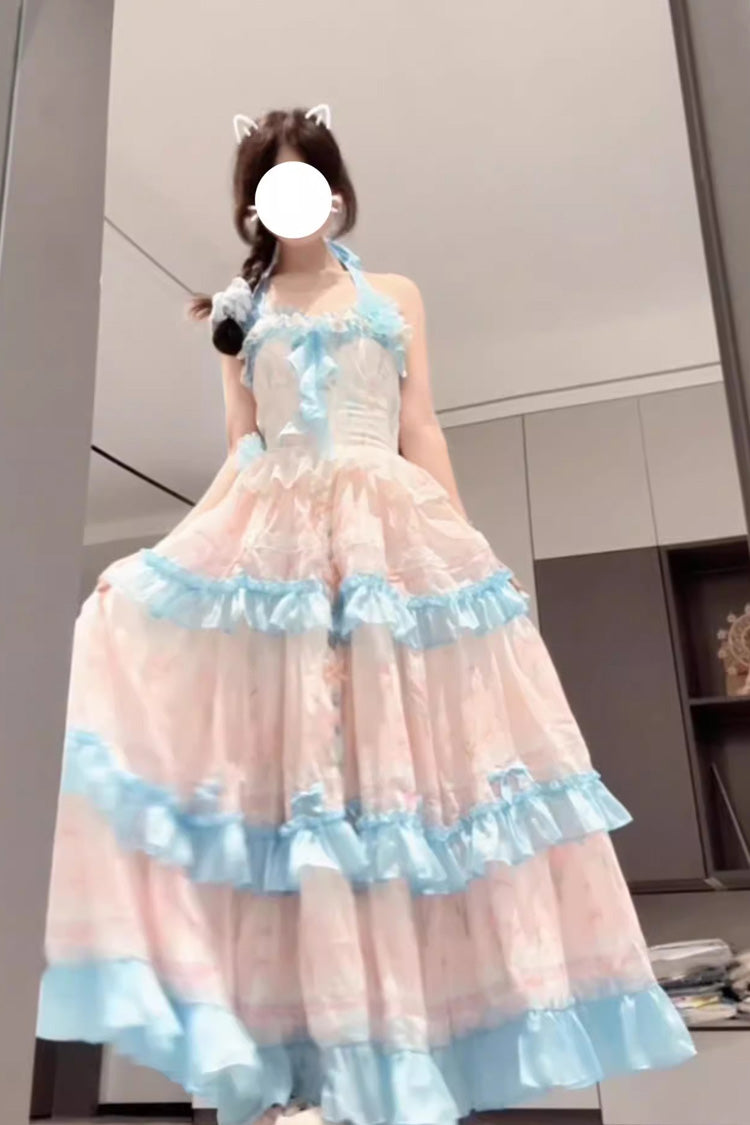 Blue and Pink Sweet Lolita Dress with Print and Backless Ruffle Style