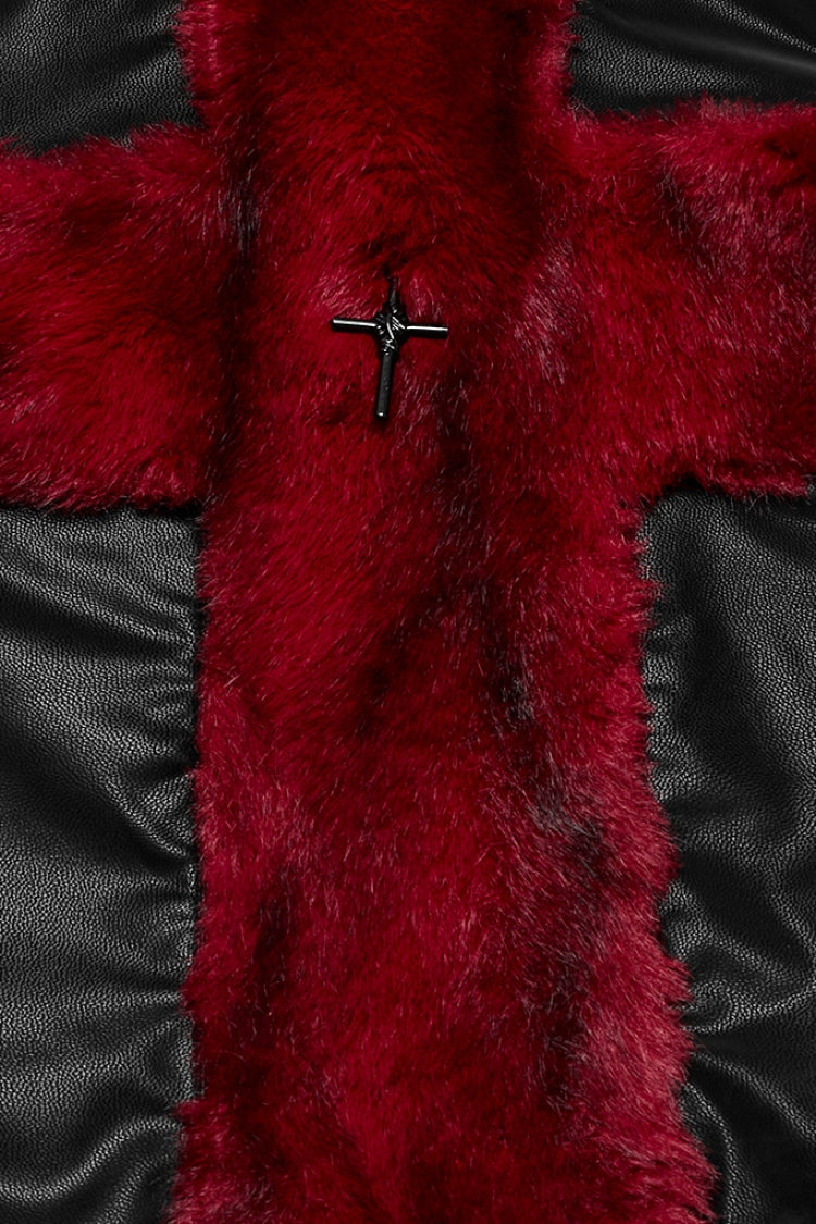 Crimson & Noir Halter Sleeveless Faux Fur Trim Punk Corset Vest
