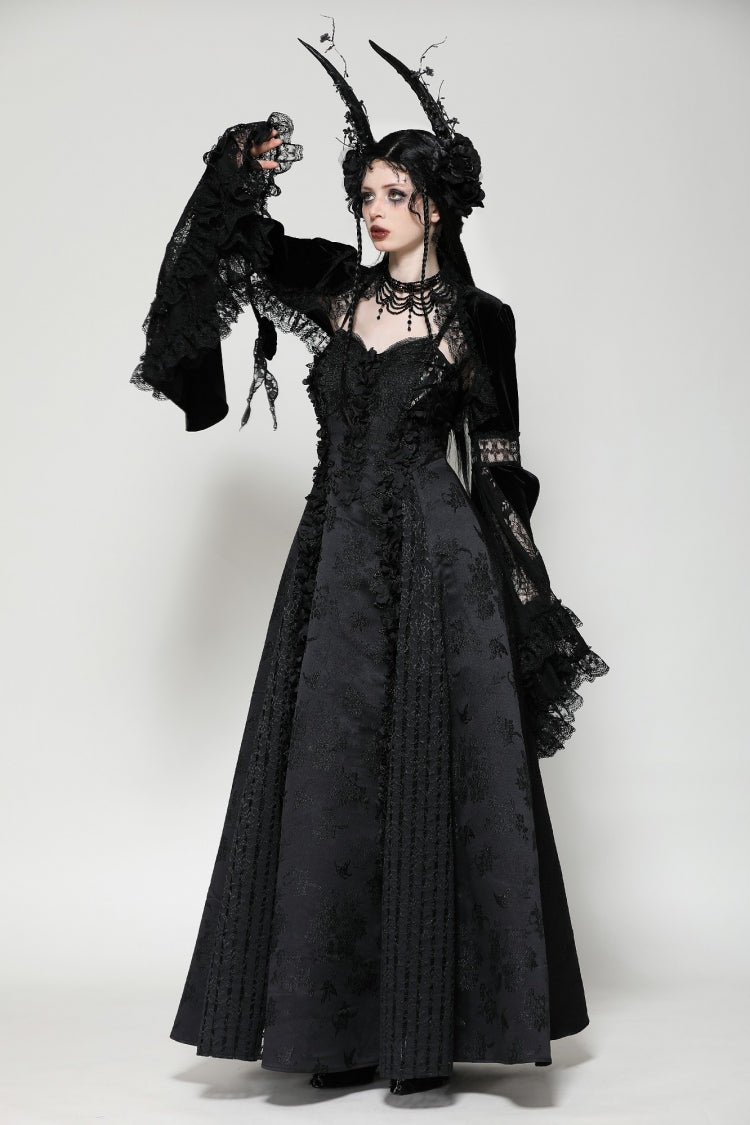 Jet-Black Gothic Cape with Flared Sleeves and Ruffled Lace Trim