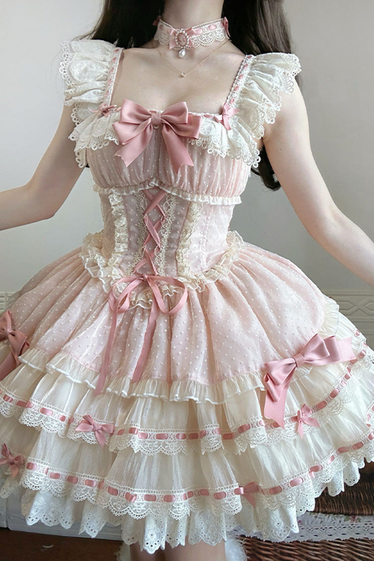 Pink Double-Layered Ruffled Bow Lace-Up Sweet Ballet JSK - Flory Butterfly
