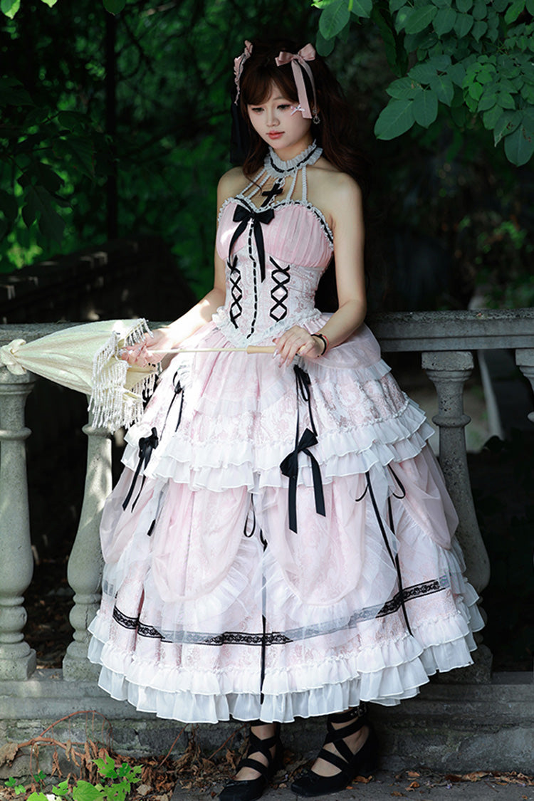 Pink Cross Halterneck Lace-Up Sweet Lolita Dress - Princess Ruffled Bowknot