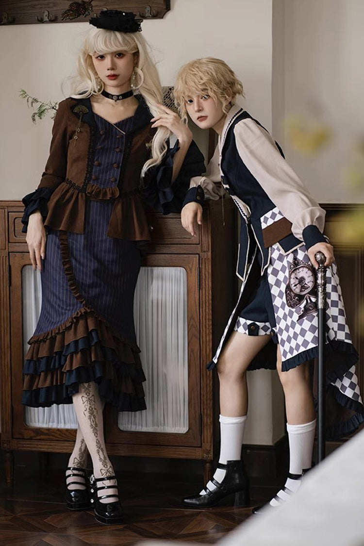 Blue Brown Time Traveler Long Sleeved Layered Printed Punk Mermaid Skirt Set