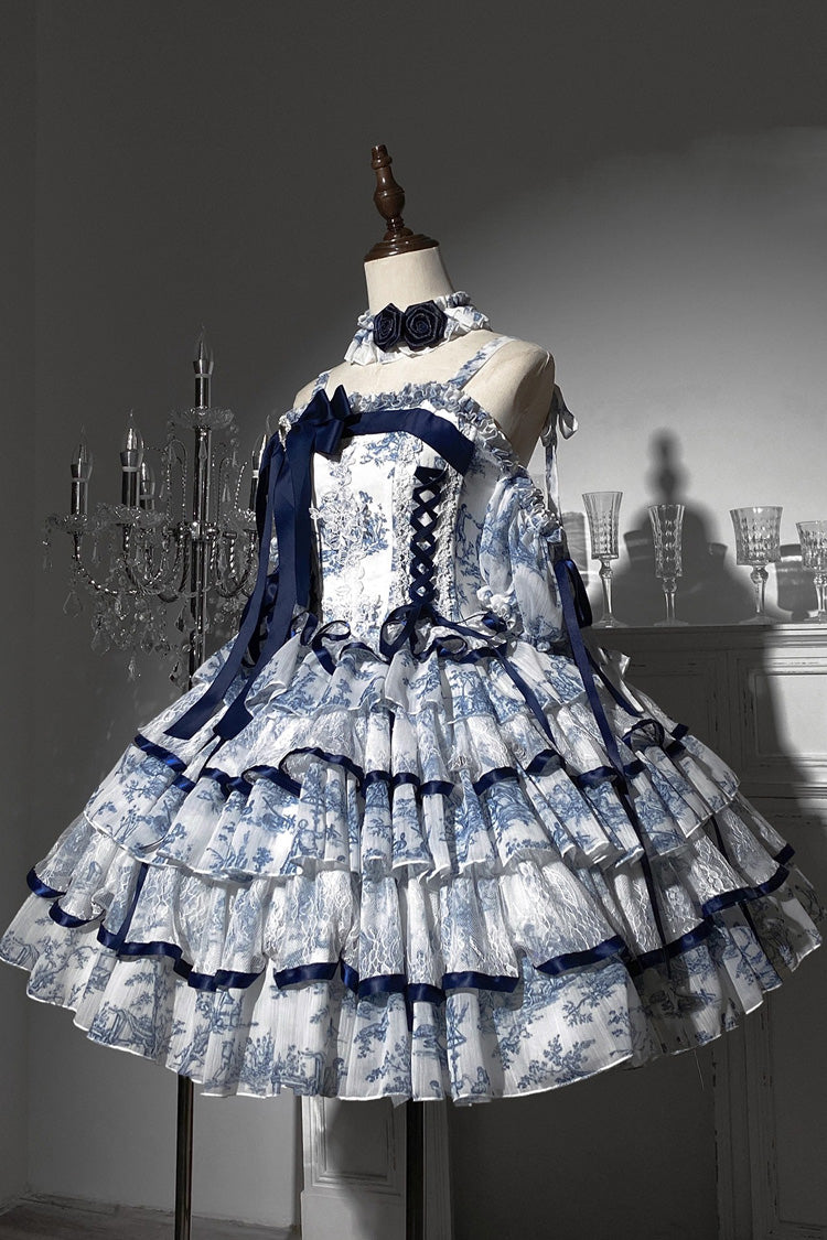 Cerulean and Ivory Sleeveless Bow Print Chinese Classic Sweet Lolita JSK Long Dress with Fishbone Details