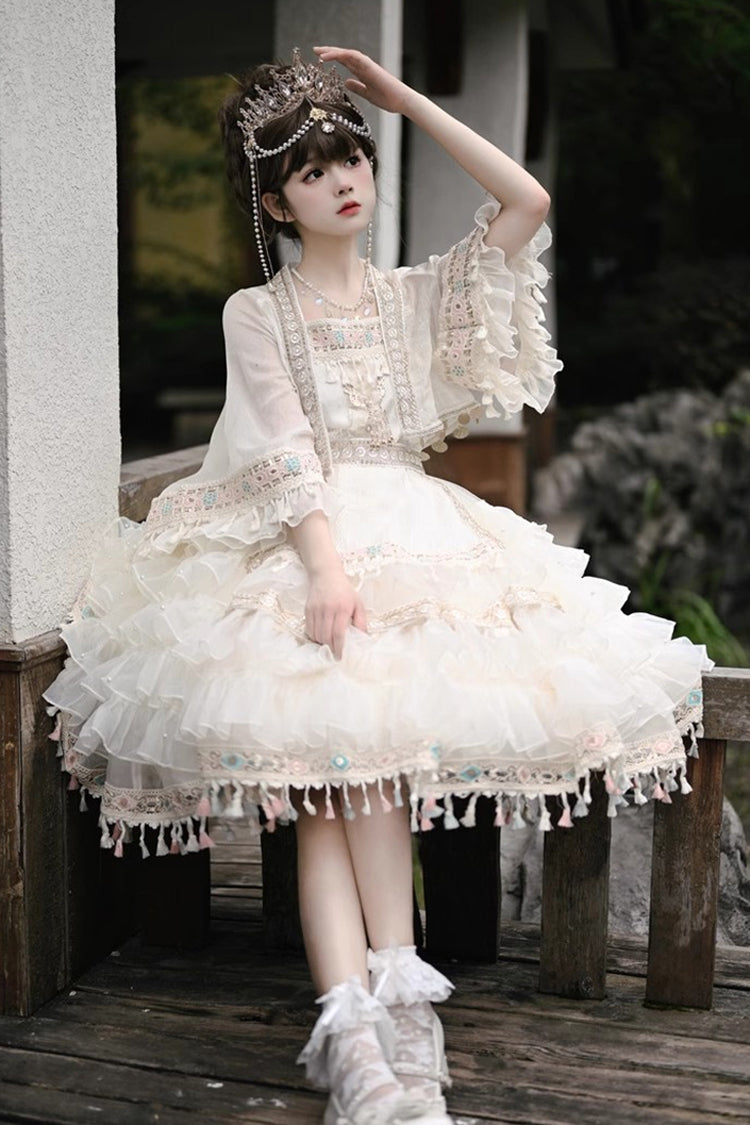 Apricot Princess Lolita Chiffon Skirt Set with Multi-Layer Ruffles and Bowknot Accents