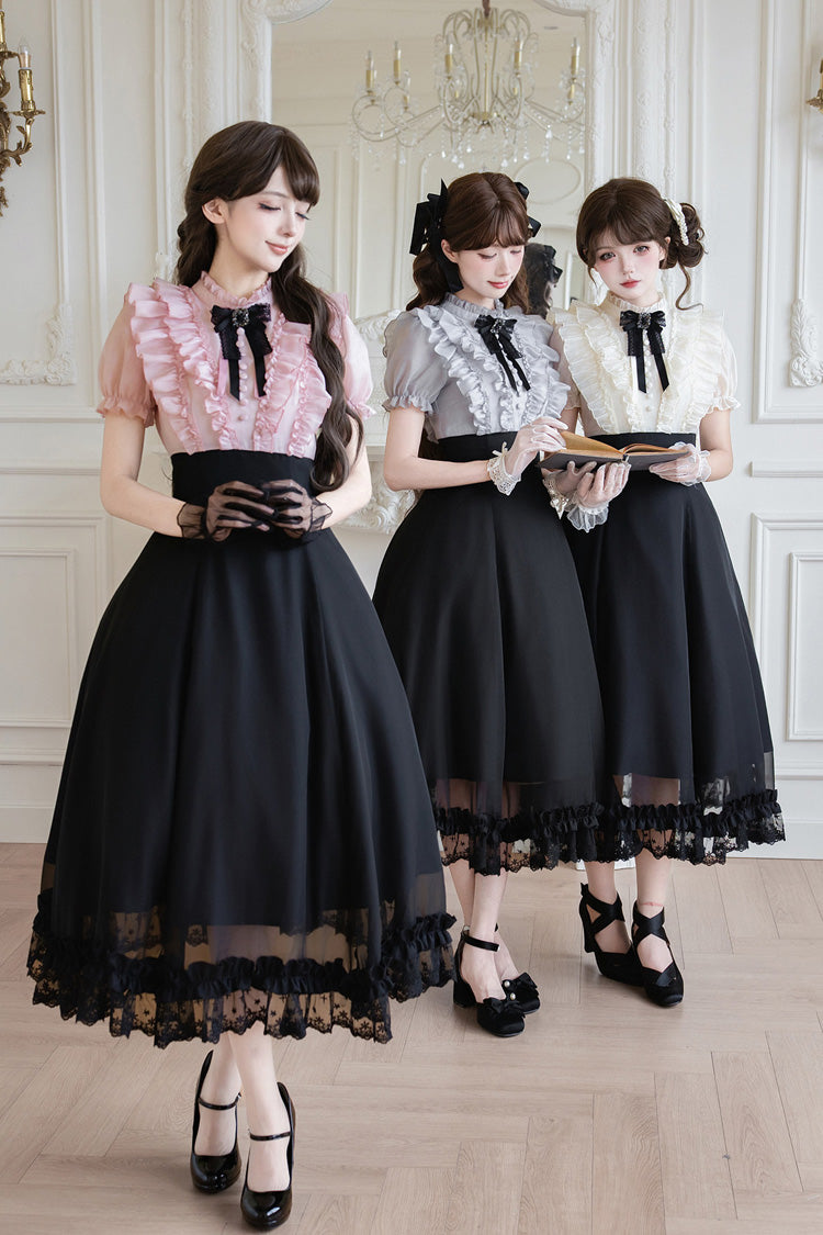 Miss Lola Snow Kiss Stand Collar Short Puff Sleeves Ruffled Color-Blocked Faux Two-Piece Sweet Lolita Long Dress 3 Colors - Black