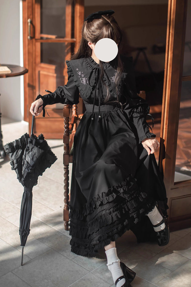 Black Long Sleeve Embroidered Bow Gothic Vintage Dress - Wind Kissed Tulips