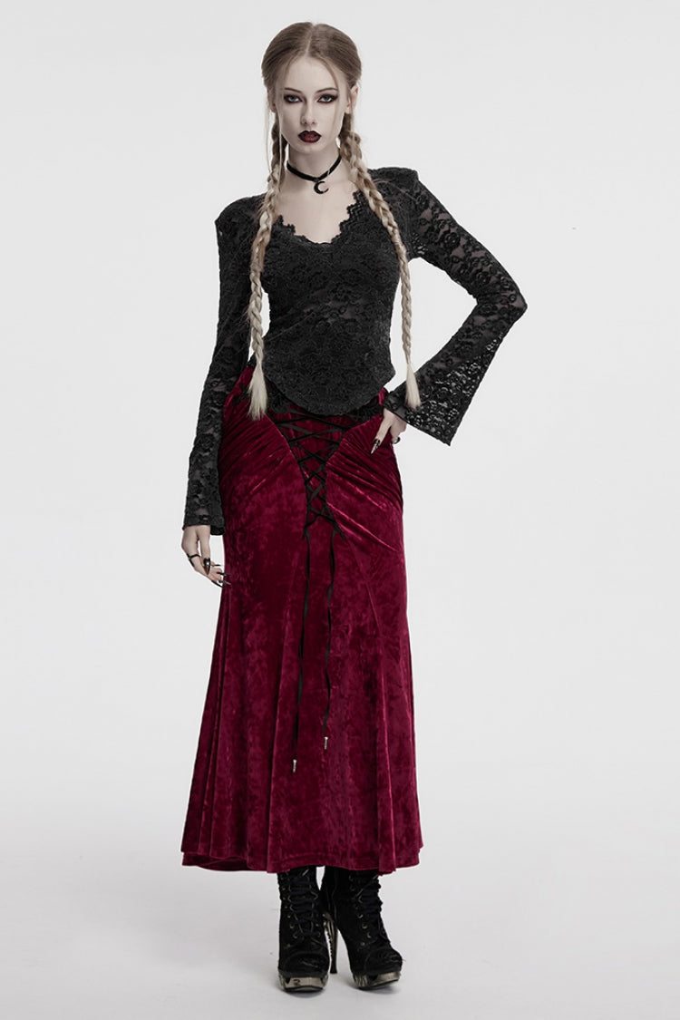 Crimson & Noir High-Waist Lace-Up Fishtail Skirt with Gothic Flair
