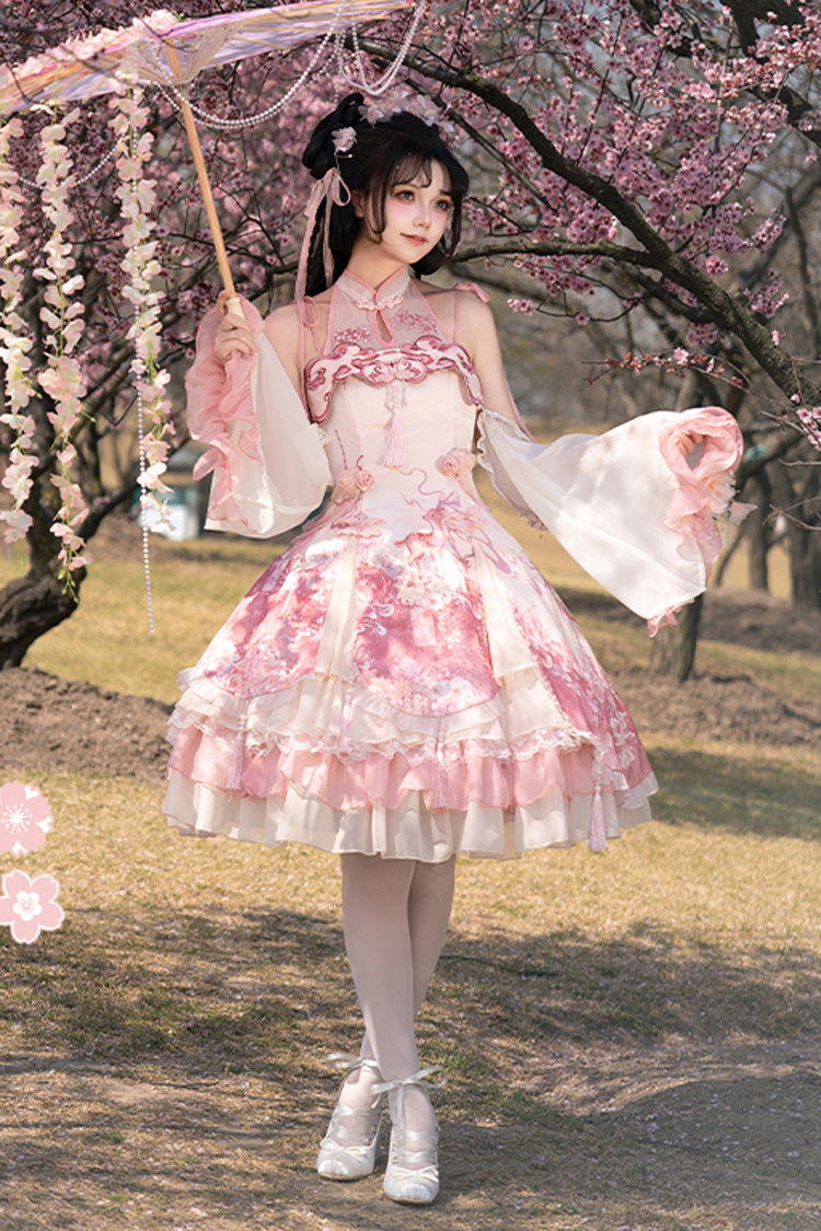 Flower Feast Pink Multi-Layered Print Ruffle Bowknot Sweet JSK Dress