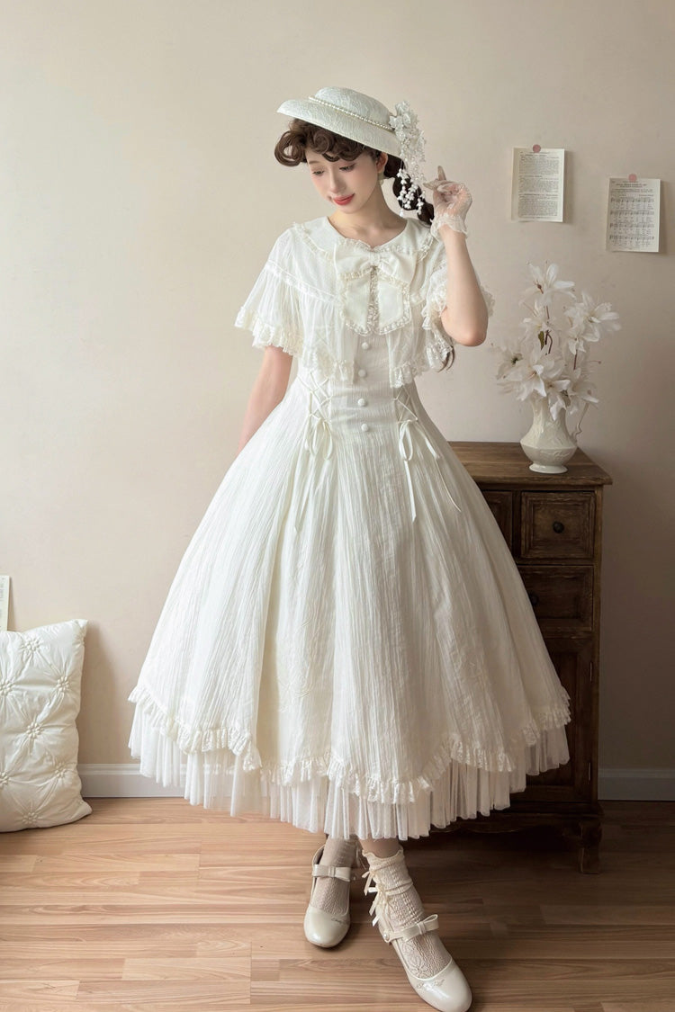 Ivory Ruffled Embroidered Lace-Up Dress with Bows - Wind Chime