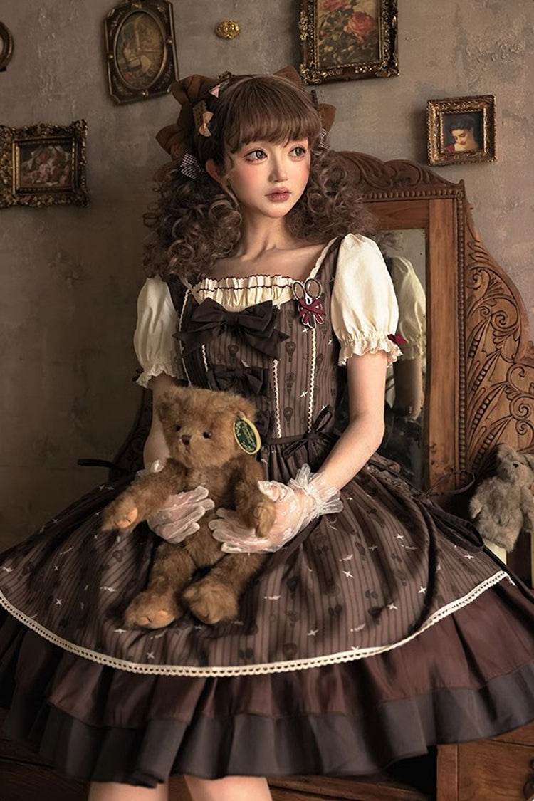 Brown Print Bow Sweet Elegant Princess Dress - Hot Air Balloon