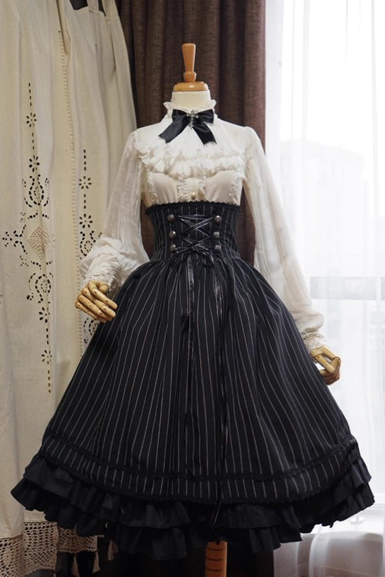 College Style Elegant Lolita Skirt with Ruffled Stripes, Black